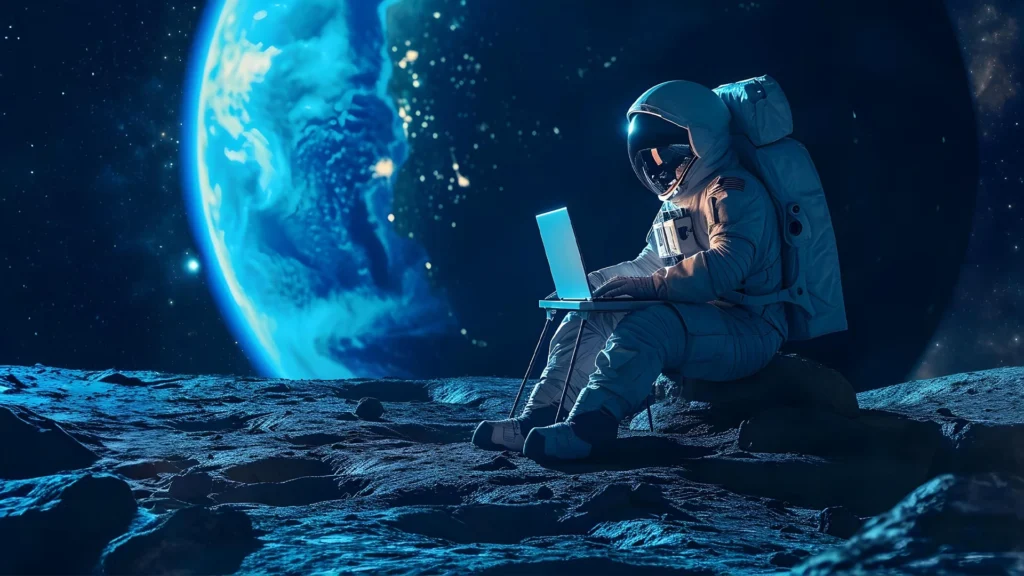 astronaut sitting on a bench working on laptop techbita digital marketing agency